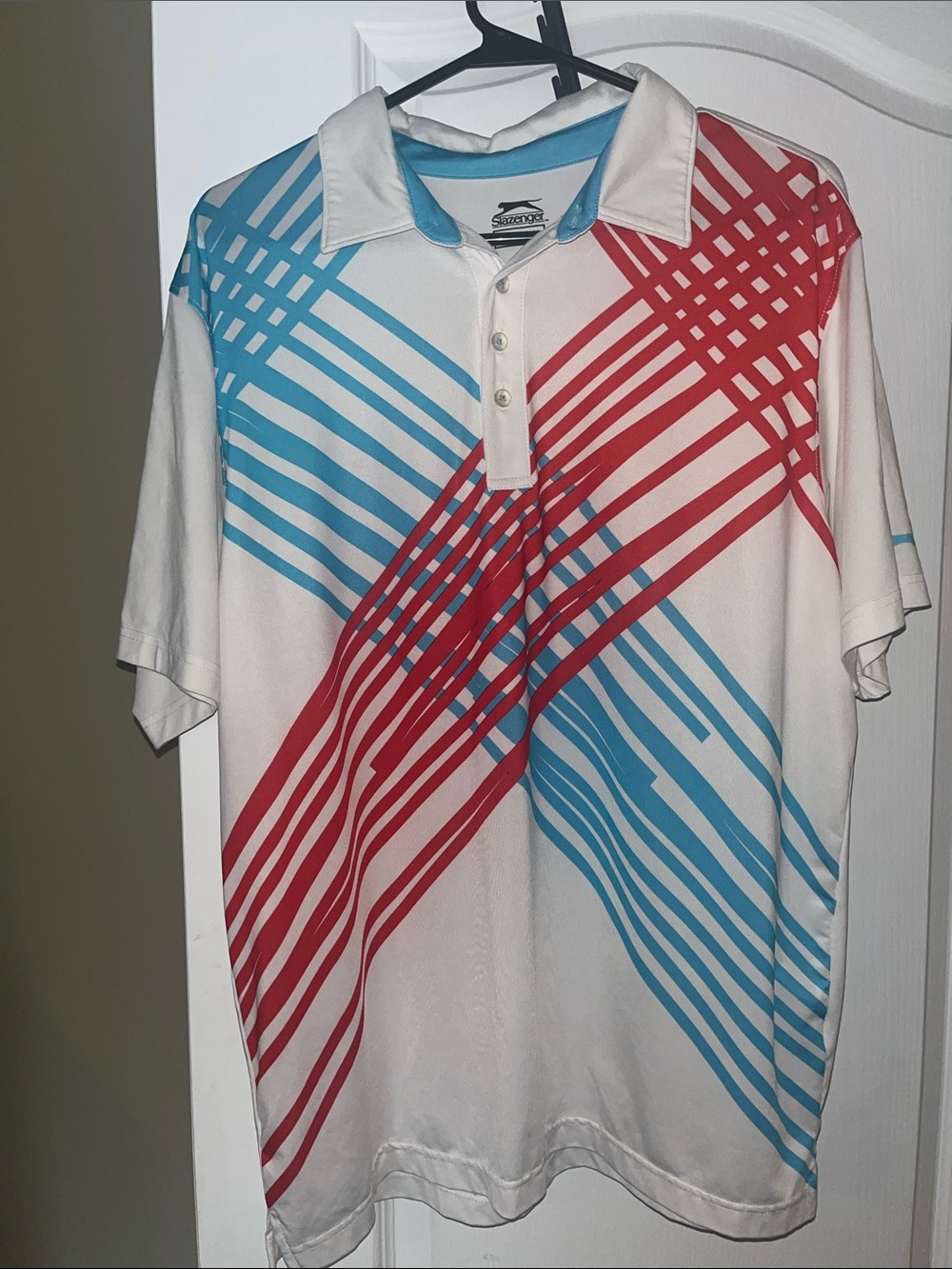 Slazenger White Polo with Red and Blue Striped Graphic